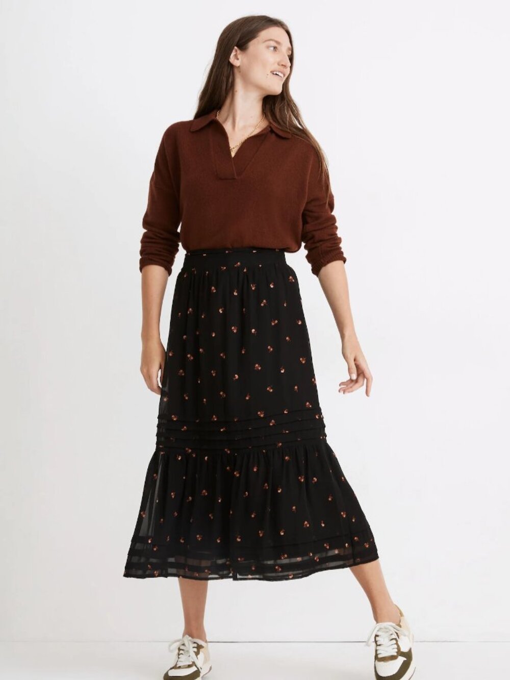 Madewell Black Tiered Georgette Floral Skirt